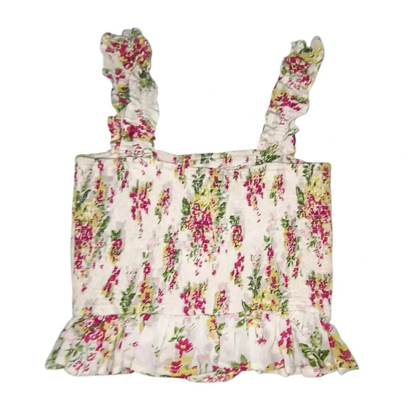 Lulus Blooming Views Beige Floral Ruffled Smock Linen/Cotton Tank Top, M, NWT - Picture 3 of 9